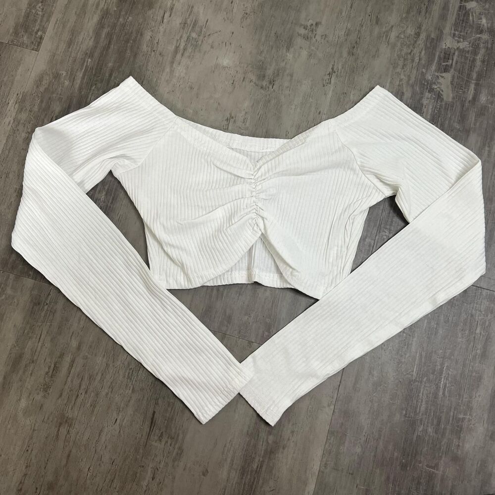 Off Shoulder Ribbed/Ruched Crop Long Sleeve Shirt White Size Small
